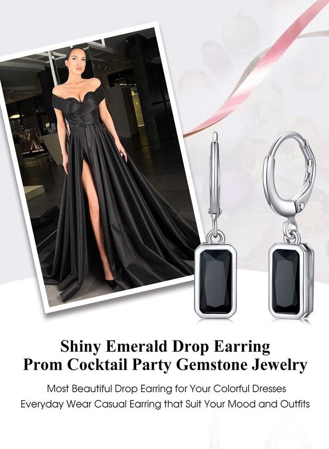 Bestyle Dainty Black Onxy Drop Earrings for Women - Rectangular Birthstone Dangle Earring with Hypoallergenic Silver Huggie Hoops - Trendy Black Baguette Dangle Hoop Earrings - Image 4